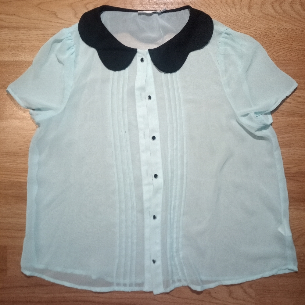 Pastel Teal Sheer Dressy Top W/ Peter Pan Collar
